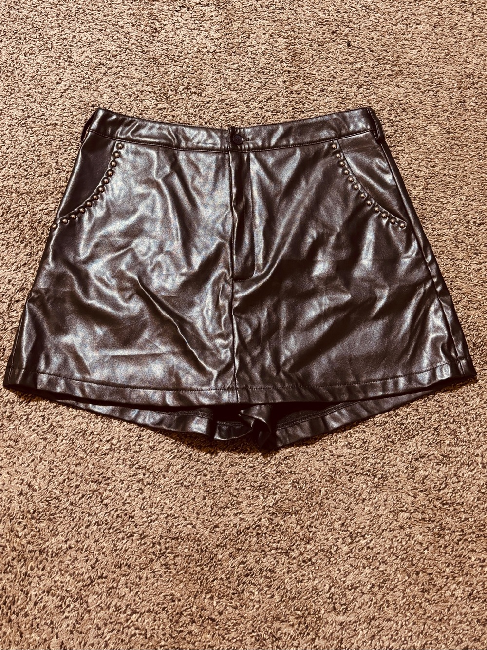 Flying Tomato Black High-Waist Faux Leather Shorts with Studded Pockets Festival